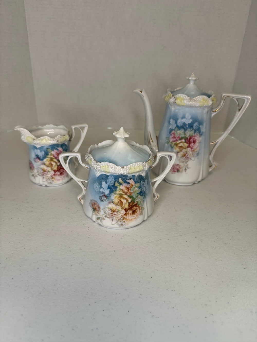 Reinhold Schlegelmilch (Prussia) Porcelain Covered Teapot & Sugar Bowl & Creamer